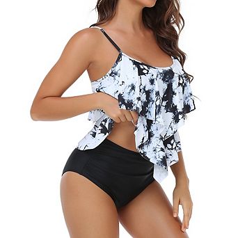 Womens 2 pc Tankini Swimsuits Double Layer Ruffle High Waist Bottom Bathing Suit Swimsuit