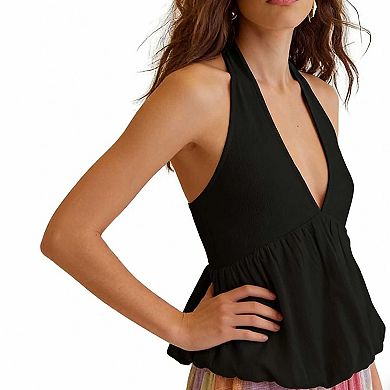 Women's V Neck Halter Top, Bubble Hem Sleeveless Casual Flowy Blouse