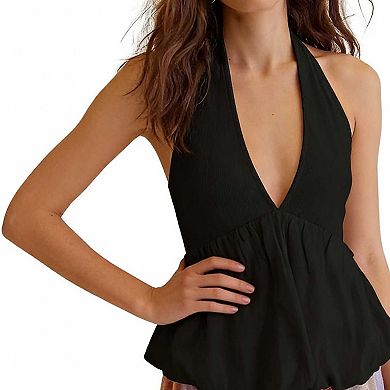 Women's V Neck Halter Top, Bubble Hem Sleeveless Casual Flowy Blouse