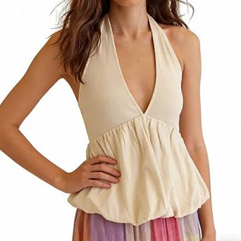 Women's V Neck Halter Top, Bubble Hem Sleeveless Casual Flowy Blouse