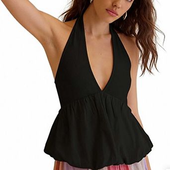 Women's V Neck Halter Top, Bubble Hem Sleeveless Casual Flowy Blouse