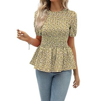 Women's Puff Short Sleeves Blouse Floral Smocked Waist for Casual Office Wear