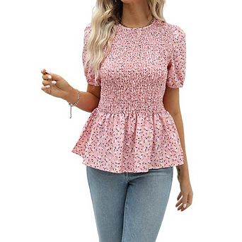 Women's Puff Short Sleeves Blouse Floral Smocked Waist for Casual Office Wear