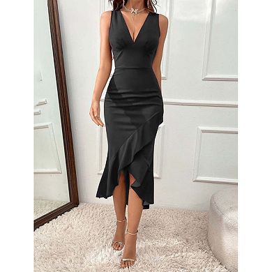 Seoria V Neck Sleeveless Ruffle Hem Midi Dress