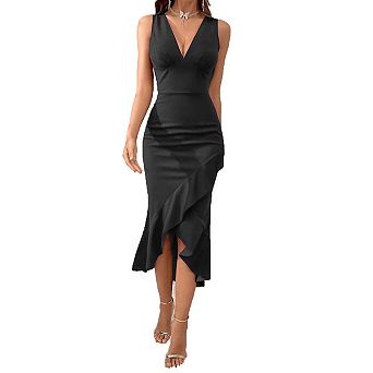 Seoria V Neck Sleeveless Ruffle Hem Midi Dress