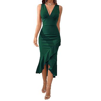 Seoria V Neck Sleeveless Ruffle Hem Midi Dress