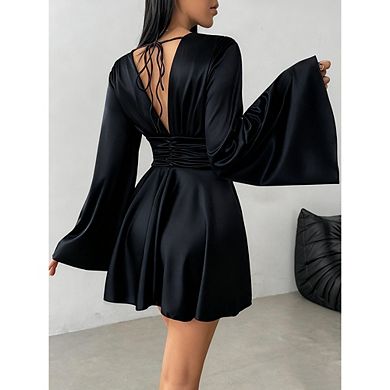 Long Sleeve V-Neck Ruched Waist Flare Satin Mini Dress