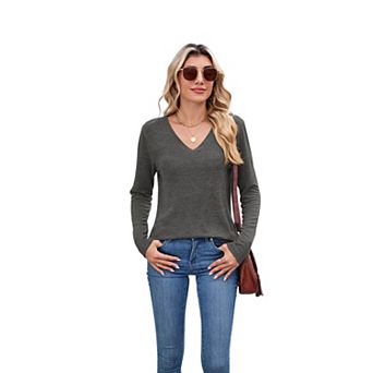 Women's Solid Color V-Neck Loose Long Sleeve T-Shirt Casual Top for Daily & Office Wear