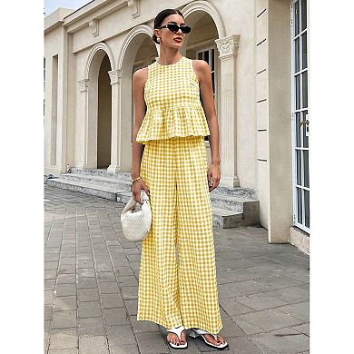 Women's 2 Piece Gingham Set Summer Outfits Ruffle Tank Top and Wide Leg Pants Matching Lounge Set