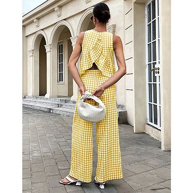 Women's 2 Piece Gingham Set Summer Outfits Ruffle Tank Top and Wide Leg Pants Matching Lounge Set