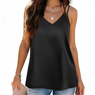 Women's Double Strap V Neck Tank Top, Loose Fit Satin Office Casual Blouse