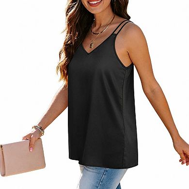Women's Double Strap V Neck Tank Top, Loose Fit Satin Office Casual Blouse