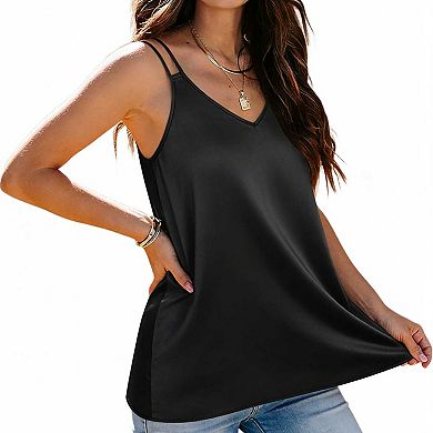 Women's Double Strap V Neck Tank Top, Loose Fit Satin Office Casual Blouse