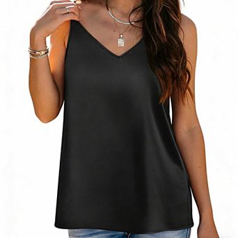 Women's Double Strap V Neck Tank Top, Loose Fit Satin Office Casual Blouse