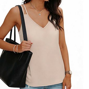 Women's Double Strap V Neck Tank Top, Loose Fit Satin Office Casual Blouse