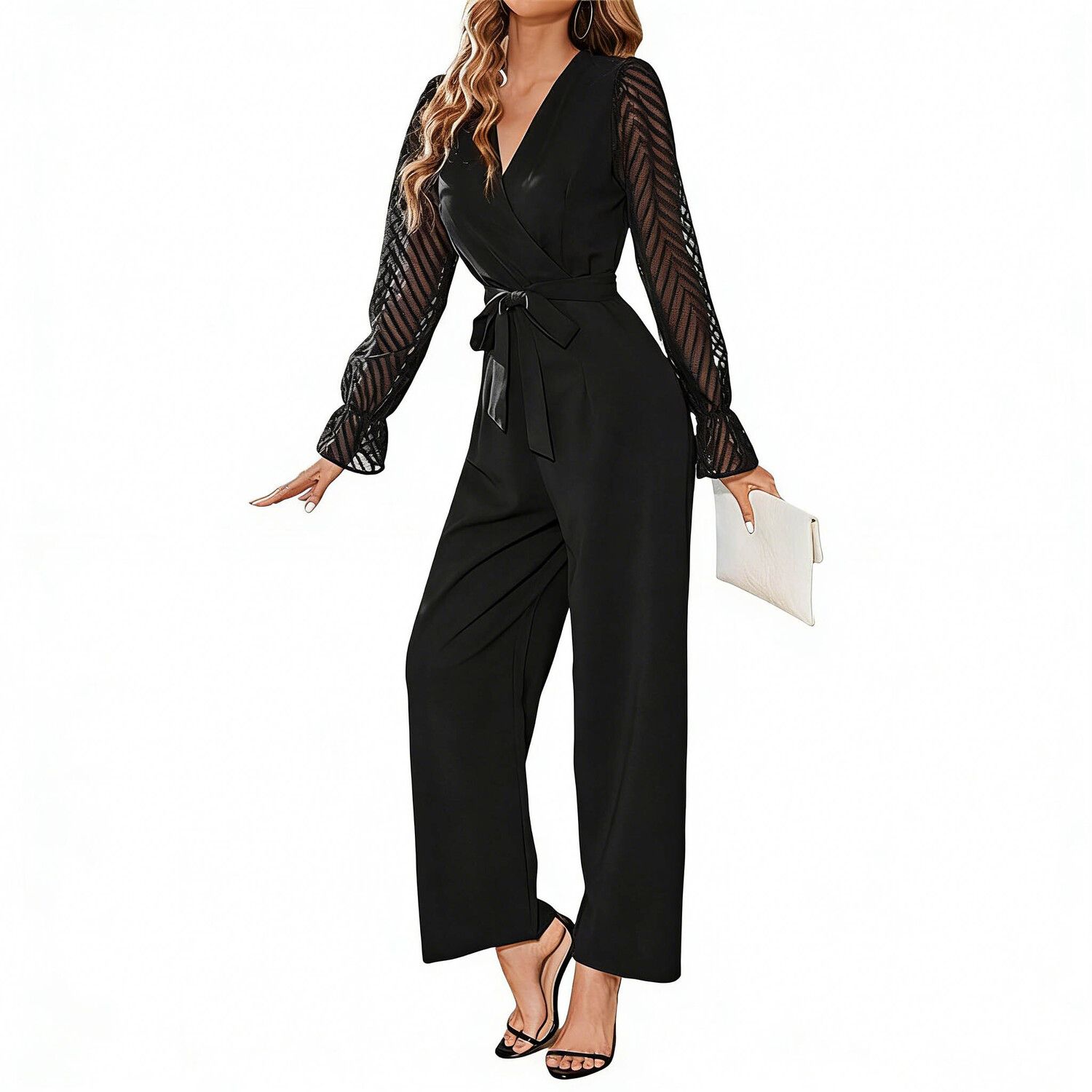 Женские комбинезоны V-Neck Sheer Long Sleeve Belted Wide Leg Jumpsuit - Slim Fit Elegant Party Wear