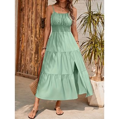 Women's Sleeveless Layered Maxi Dress Solid Color Slim Fit Slit Long Dress