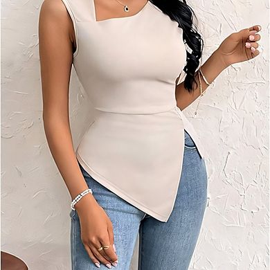 Asymmetrical Neck Irregular Hem Sleeveless Top, Slim Fit Commute Tank Top