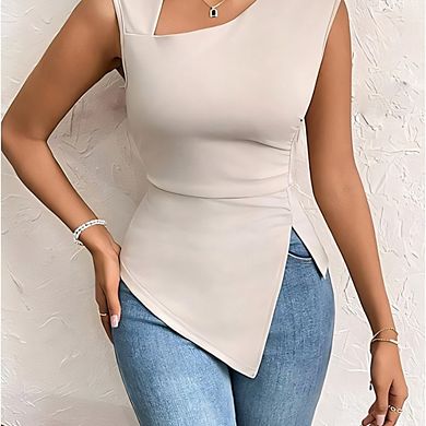 Asymmetrical Neck Irregular Hem Sleeveless Top, Slim Fit Commute Tank Top