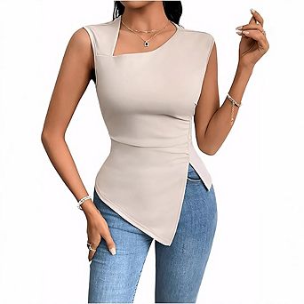 Asymmetrical Neck Irregular Hem Sleeveless Top, Slim Fit Commute Tank Top