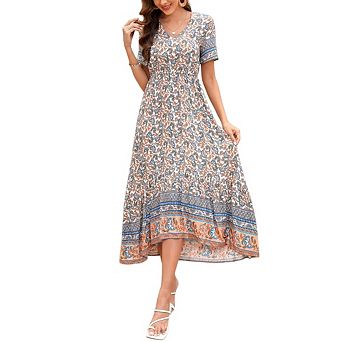 Women's Floral Boho Hawaiian Short Sleeve V Neck Beach Wedding Guest Swing Maxi Sundress