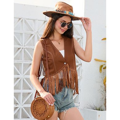 Women’s Cropped Fringe Vest One Button V-Neck Western Style Denim Vest