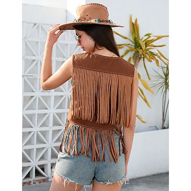 Women’s Cropped Fringe Vest One Button V-Neck Western Style Denim Vest