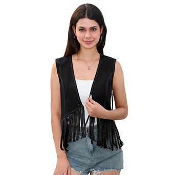 Women’s Cropped Fringe Vest One Button V-Neck Western Style Denim Vest