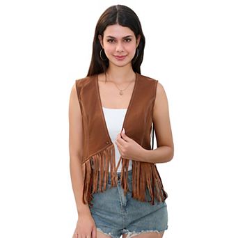 Women’s Cropped Fringe Vest One Button V-Neck Western Style Denim Vest
