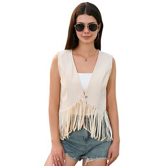 Women’s Cropped Fringe Vest One Button V-Neck Western Style Denim Vest