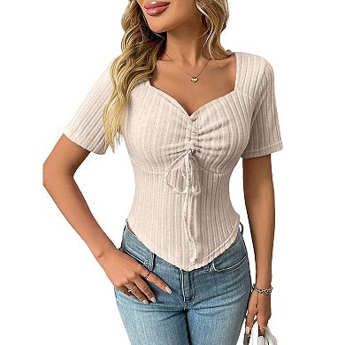 Women's Ribbed Knit Drawstring Sweetheart Neck Short Sleeve Slim Fit Tops