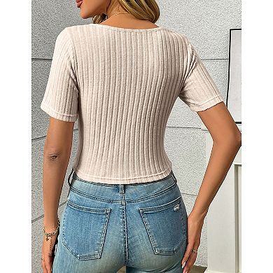 Women's Ribbed Knit Drawstring Sweetheart Neck Short Sleeve Slim Fit Tops