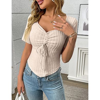 Women's Ribbed Knit Drawstring Sweetheart Neck Short Sleeve Slim Fit Tops