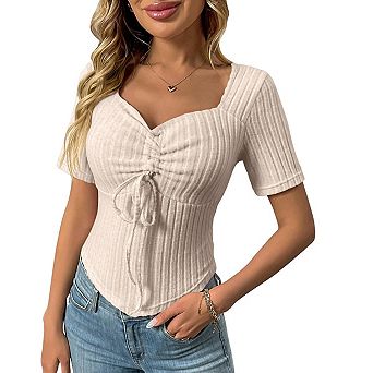 Women's Ribbed Knit Drawstring Sweetheart Neck Short Sleeve Slim Fit Tops