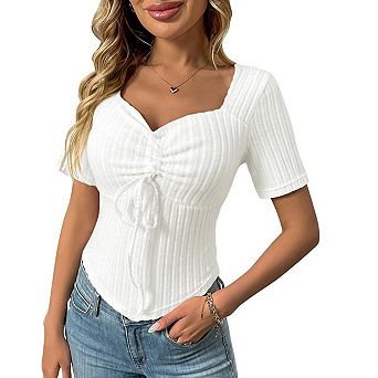 Women's Ribbed Knit Drawstring Sweetheart Neck Short Sleeve Slim Fit Tops