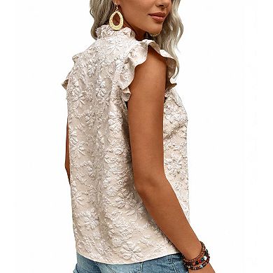 Women's Sleeveless Ruffled Jacquard Top, V Neck Floral Textured Casual Blouse