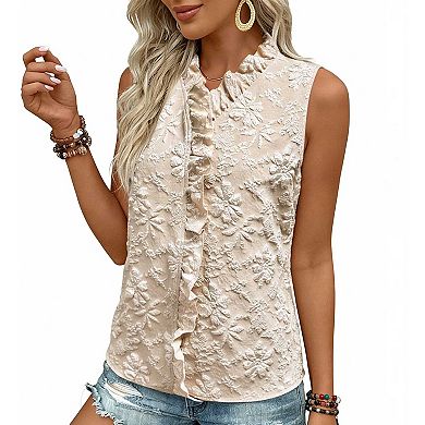 Women's Sleeveless Ruffled Jacquard Top, V Neck Floral Textured Casual Blouse