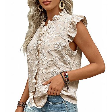 Women's Sleeveless Ruffled Jacquard Top, V Neck Floral Textured Casual Blouse