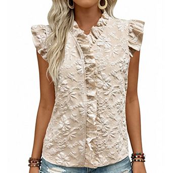 Women's Sleeveless Ruffled Jacquard Top, V Neck Floral Textured Casual Blouse