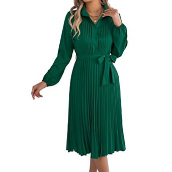 Women's Long Sleeve Pleated Midi Dress V-Neck A-Line Flowy Dress with Belt