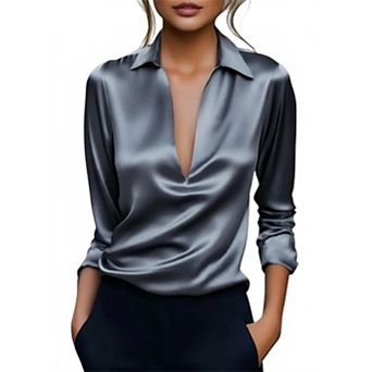 Women's Elegant Satin Long Sleeve Blouse Dressy Collared Work Shirt