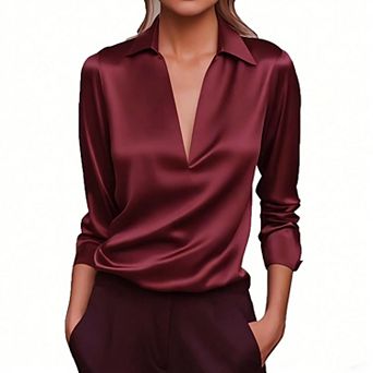 Women's Elegant Satin Long Sleeve Blouse Dressy Collared Work Shirt
