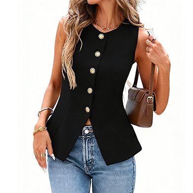 Women's Sleeveless Vest Round Neck Fitted Waist Asymmetric Front Tops