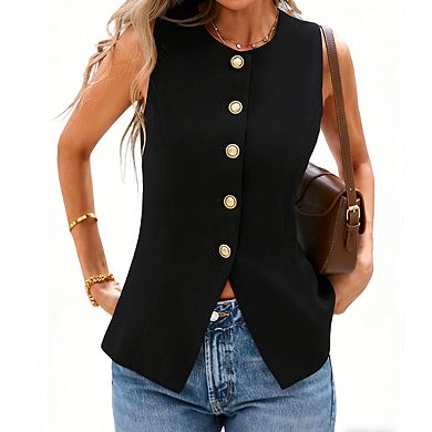 Women's Sleeveless Vest Round Neck Fitted Waist Asymmetric Front Tops