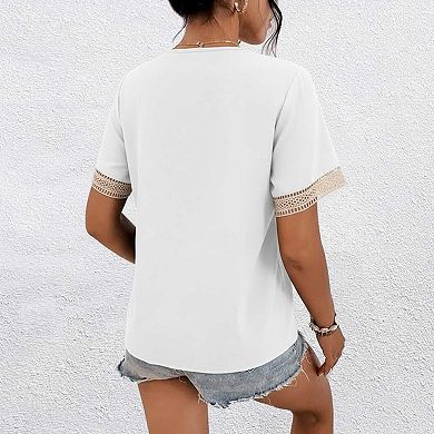 Women's V Neck Lace Trim Blouse, Loose Fit Short Sleeve Casual Work Blouse