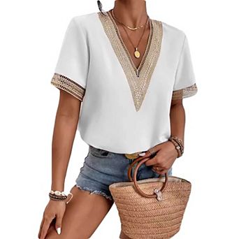 Women's V Neck Lace Trim Blouse, Loose Fit Short Sleeve Casual Work Blouse