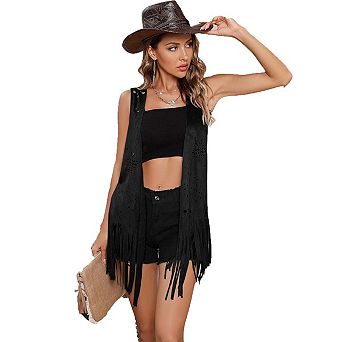 Seoria Womens Sleeveless Fringe Hem Open Front Vest With Hollow Out Details