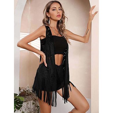 Seoria Womens Sleeveless Fringe Hem Open Front Vest With Hollow Out Details