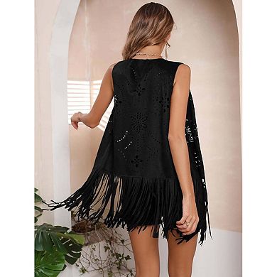 Seoria Womens Sleeveless Fringe Hem Open Front Vest With Hollow Out Details