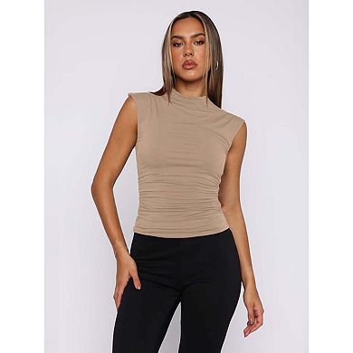 Seoria Womens Cap Sleeve Mock Neck Ruched Side Slim Fit Top